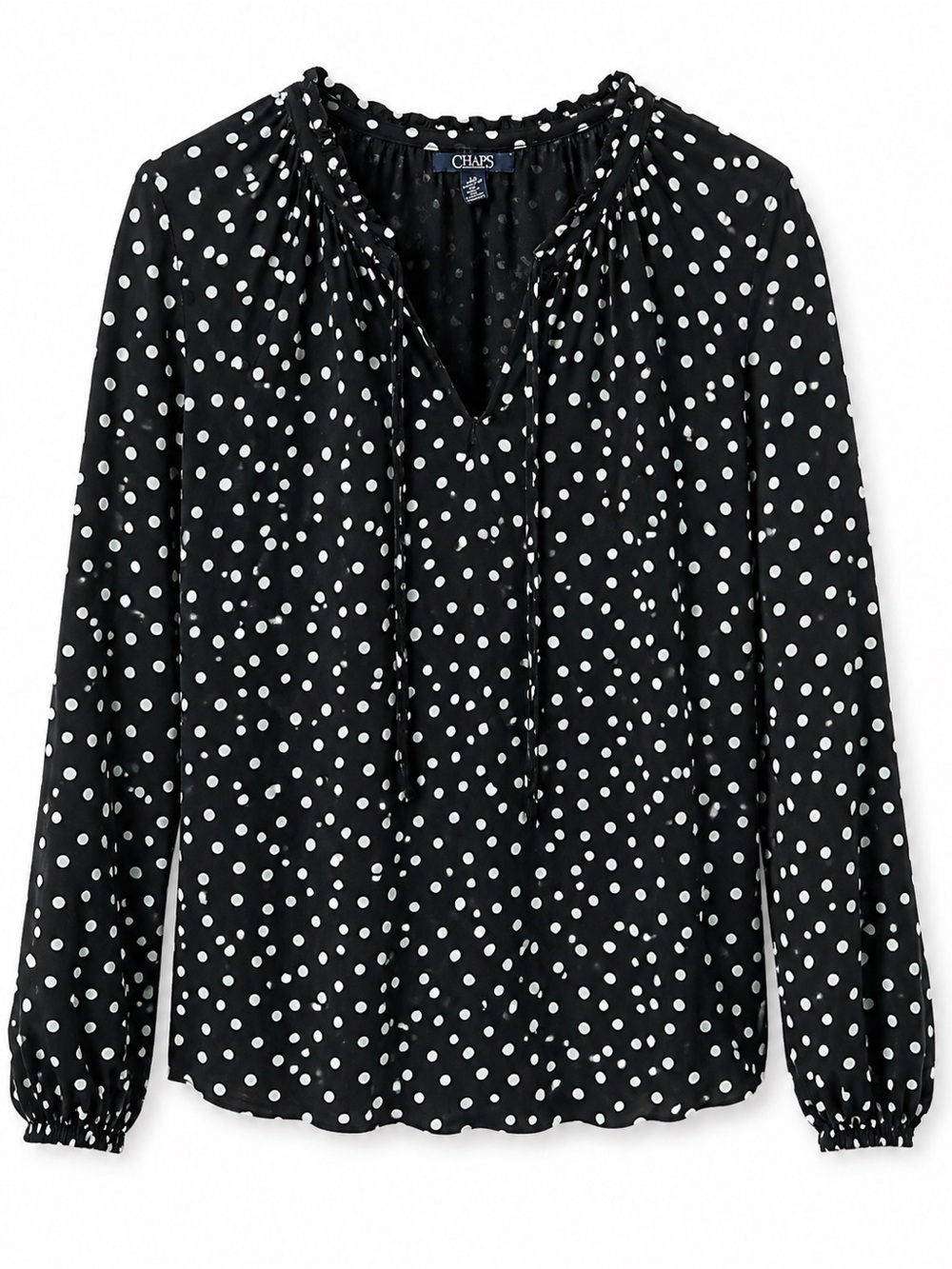 Chaps Black Polka Dot Long-Sleeve Peasant Blouse- Size large